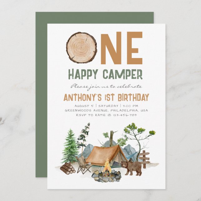 Invitación One Happy Camper Watercolor Woodland Primer cumple (Anverso / Reverso)