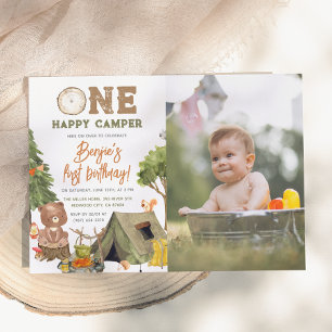 Invitación One Happy Camper Wood Bear Photo Boys 1er cumpleañ