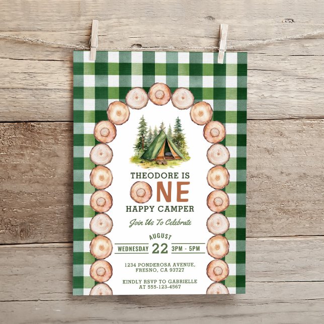 Invitación One Happy Camper Wood Slice Arch Green Plaid (Subido por el creador)