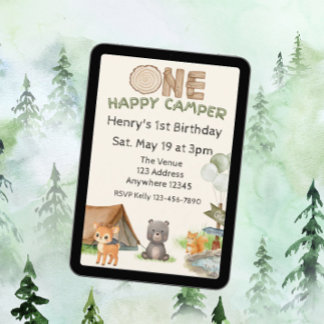 Invitación One Happy Camper Wood Watercolor Animal Birthday