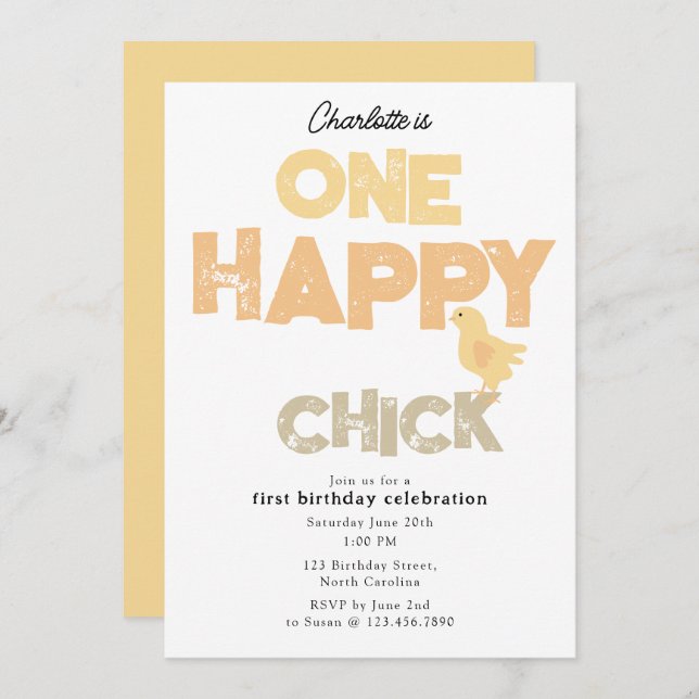 Invitación One Happy Chick Invite 1st Baby Chicken Birthday (Anverso / Reverso)