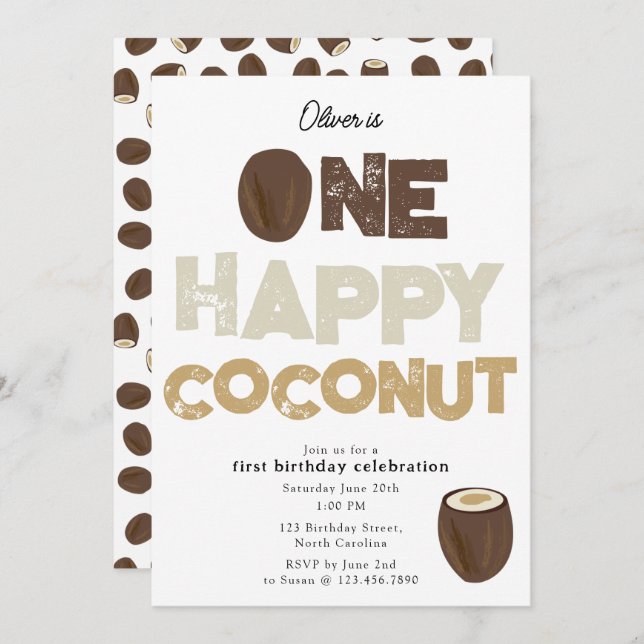 Invitación One Happy Coconut Invite 1st Summer Birthday (Anverso / Reverso)