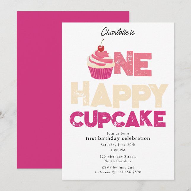 Invitación One Happy Cupcake Invite 1st First Birthday Cute (Anverso / Reverso)