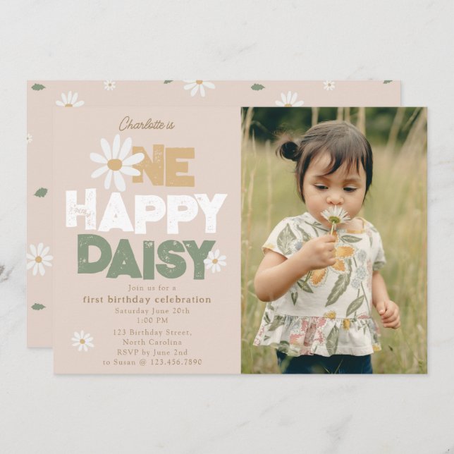 Invitación One Happy Daisy Invite 1st  First Birthday Photo (Anverso / Reverso)