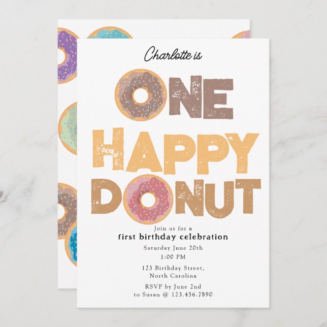 Invitación One Happy Donut Invite 1st  First Birthday Cute (Anverso / Reverso)