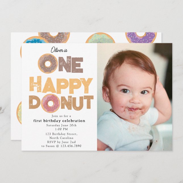Invitación One Happy Donut Invite 1st  First Birthday Photo (Anverso / Reverso)