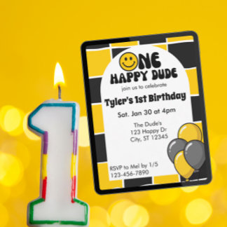 Invitación One Happy Dude, Black & Yellow 1st Birthday