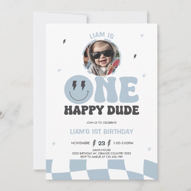 INVITACIÓN ONE HAPPY DUDE INVITATION, 1ST BIRTHDAY INVITATION (Anverso)
