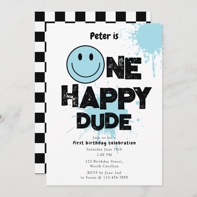 Invitación One Happy Dude Invite 1st First Birthday Boy Blue (Anverso / Reverso)