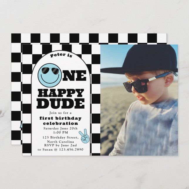 Invitación One Happy Dude Invite 1st First Birthday Boy Photo (Anverso / Reverso)