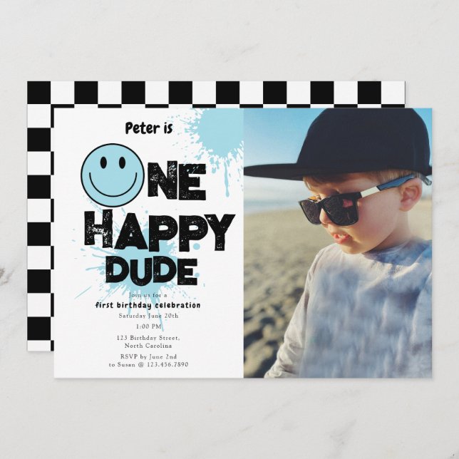 Invitación One Happy Dude Invite 1st First Birthday Boy Photo (Anverso / Reverso)