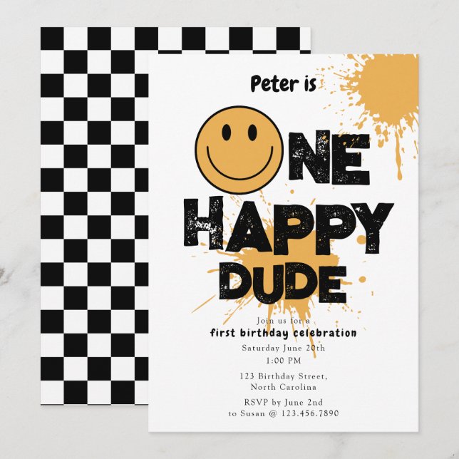 Invitación One Happy Dude Invite 1st First Birthday Cute Boy (Anverso / Reverso)