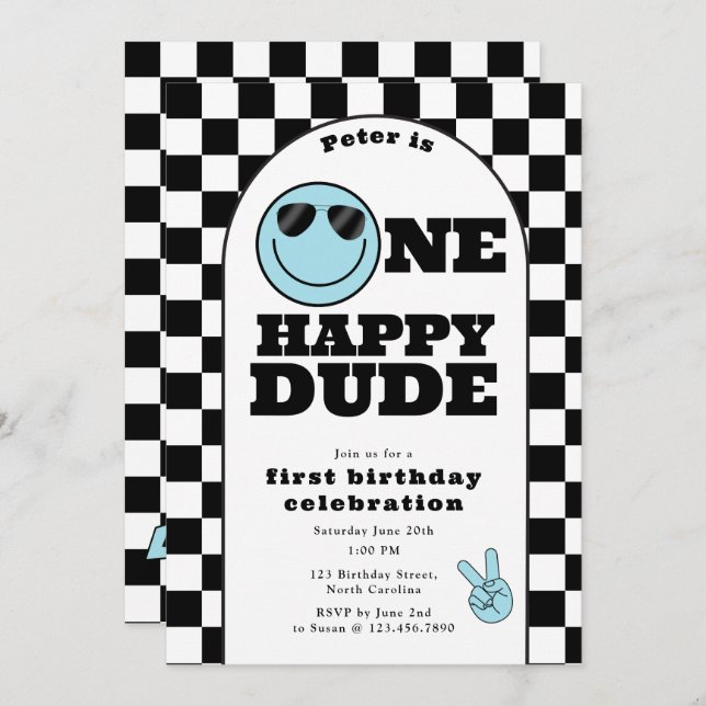 Invitación One Happy Dude Invite 1st First Birthday Cute Boy (Anverso / Reverso)