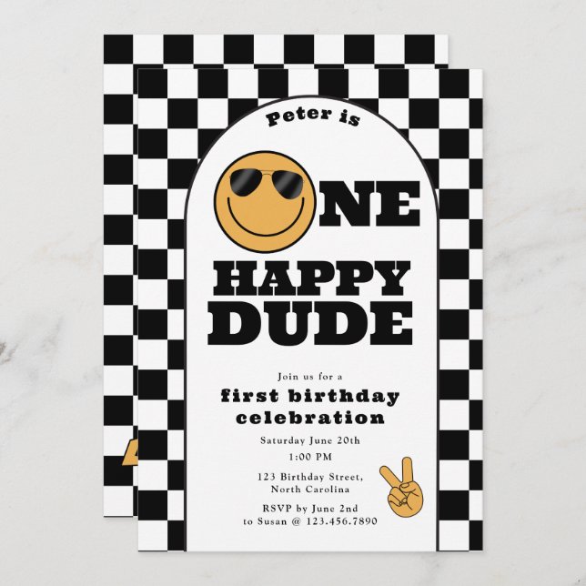 Invitación One Happy Dude Invite 1st First Birthday Cute Boy (Anverso / Reverso)
