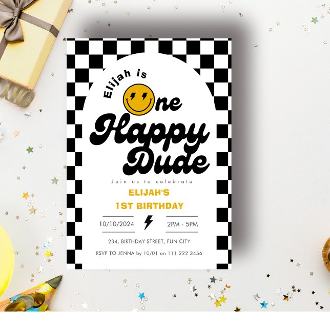Invitación One Happy Dude Rad Boy primer cumpleaños (One Happy Dude Rad Boy 1st Birthday Invitation)