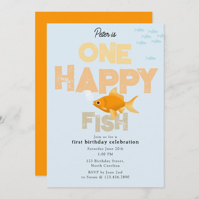 Invitación One Happy Fish Invite 1st Boy Girl Birthday (Anverso / Reverso)