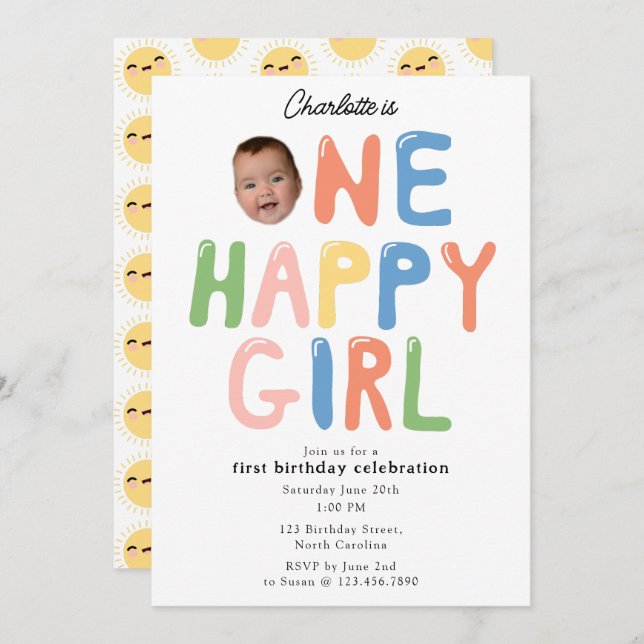 Invitación One Happy Girl Birthday Invite 1st Birthday Photo (Anverso / Reverso)