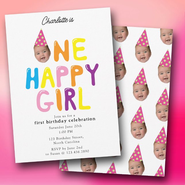 Invitación One Happy Girl Birthday Invite 1st Birthday Photo  (One Happy Girl Birthday Invite 1st Birthday Photo)