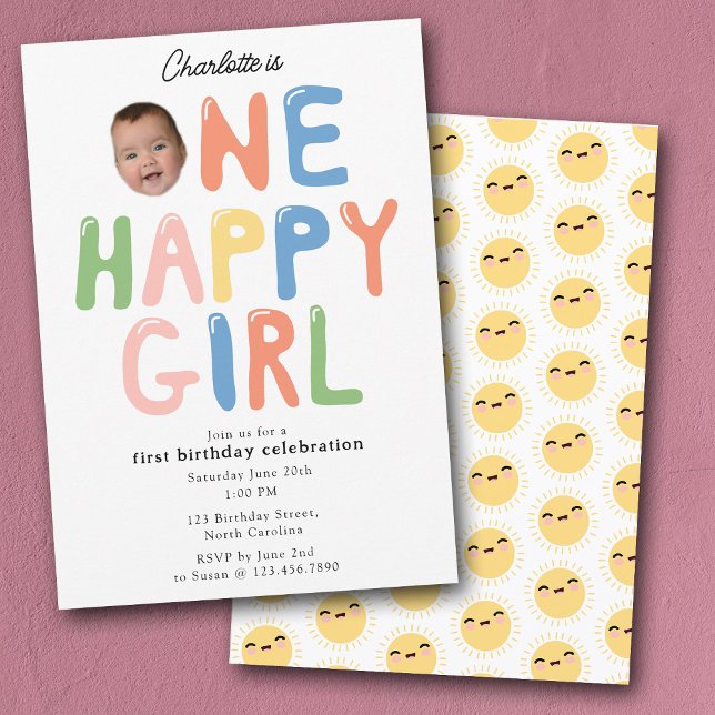 Invitación One Happy Girl Birthday Invite 1st Birthday Photo (One Happy Girl Birthday Invite 1st Birthday Photo)