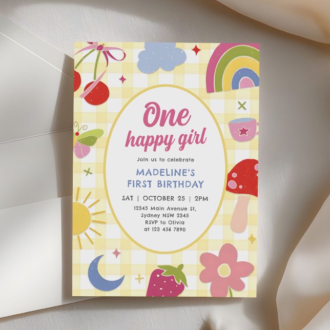 Invitación One Happy Girl Retro Hand Drawn 1st Birthday (Subido por el creador)