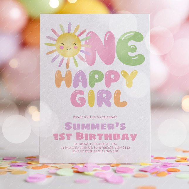 Invitación One Happy Girl Sun 1st Birthday Colorful (One Happy Girl! Girls 1st birthday party invitation in pink, green, orange, purple. )
