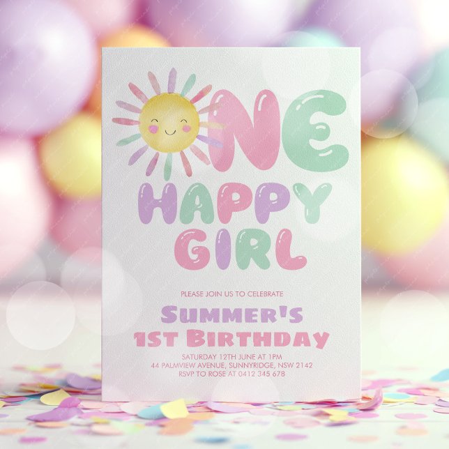 Invitación One Happy Girl Sun 1st Birthday Pink Green (One Happy Girl! Girl's sun 1st birthday invitation in pink, green, purple. )