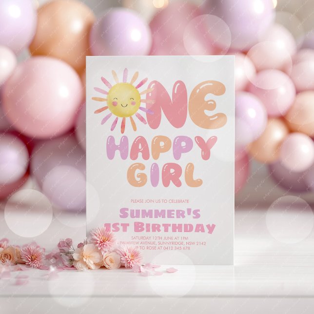 Invitación One Happy Girl Sun 1st Birthday Pink Purple (One Happy Girl! Girl's Sun 1st birthday invitation in pink, orange and purple.)