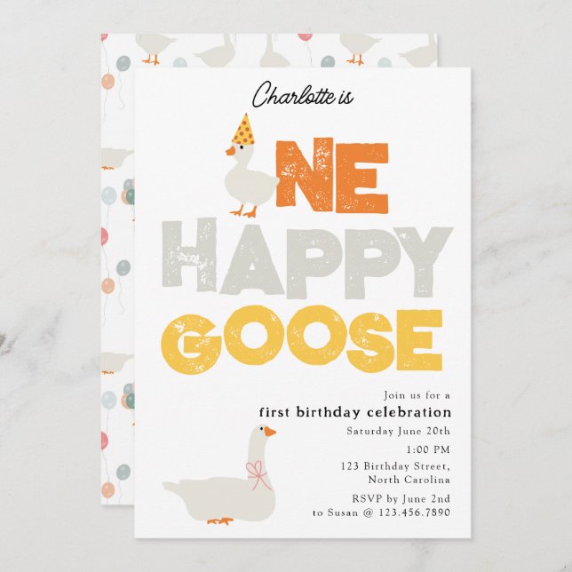 Invitación One Happy Goose Invite 1st  First Birthday Cute (Anverso / Reverso)