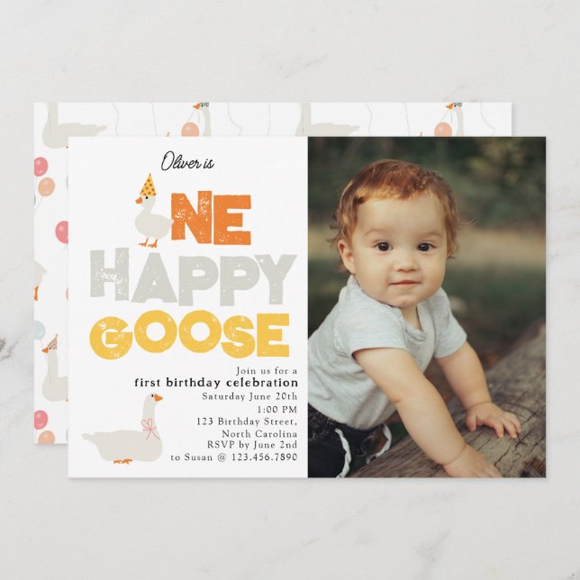Invitación One Happy Goose Invite 1st  First Birthday Photo (Anverso / Reverso)