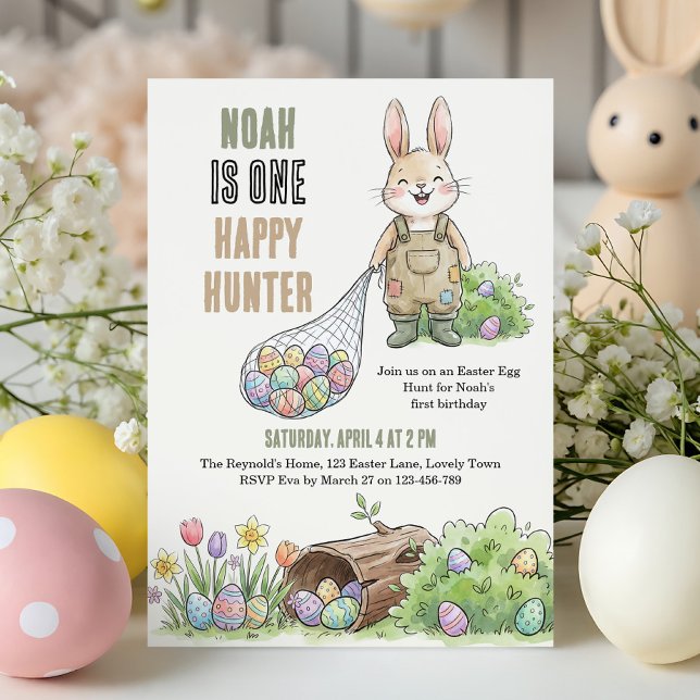 Invitación One Happy Hunter Easter Themed First Birthday (One Happy Hunter - Easter egg hunt themed 1st birthday invitation)