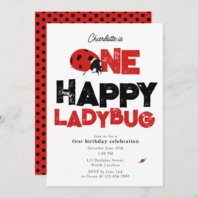 Invitación One Happy Ladybug Invite 1st First Birthday Cute (Anverso / Reverso)