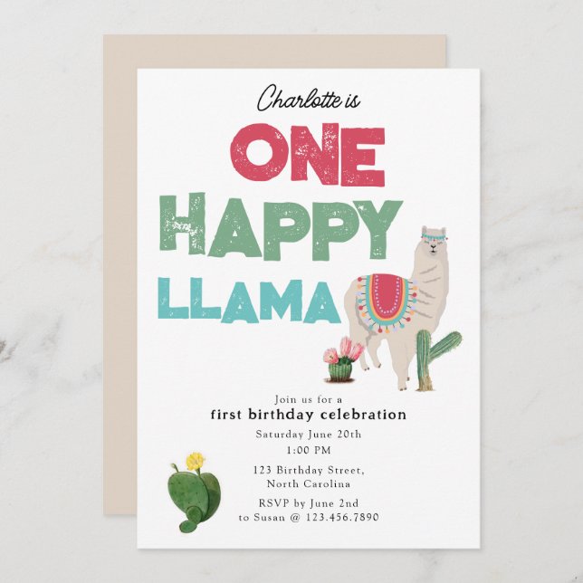 Invitación One Happy Llama Invite 1st Girl Birthday (Anverso / Reverso)