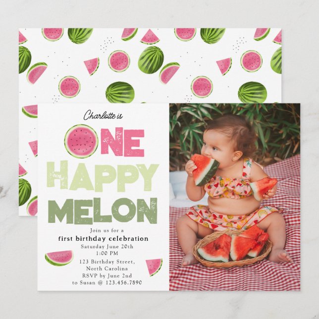 Invitación One Happy Melon 1st Summer Birthday Photo (Anverso / Reverso)