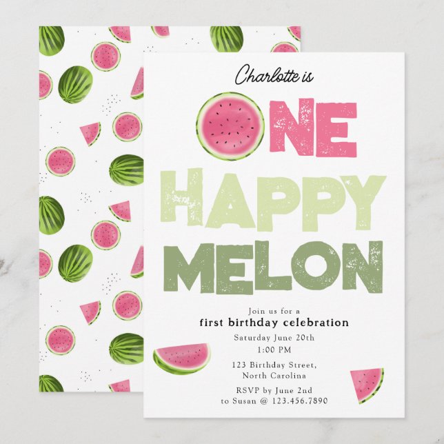 Invitación One Happy Melon Invite 1st Summer Birthday (Anverso / Reverso)