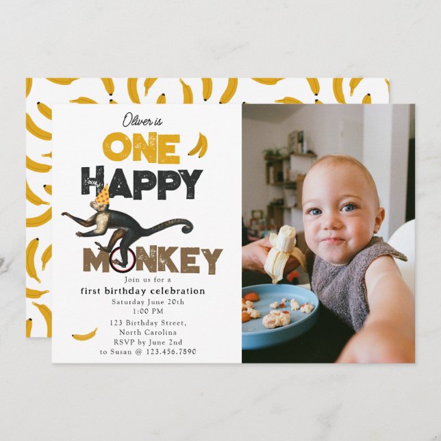 Invitación One Happy Monkey Cute 1st First Birthday Photo (Anverso / Reverso)
