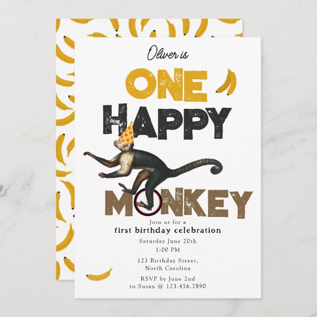 Invitación One Happy Monkey Cute Invite 1st First Birthday (Anverso / Reverso)