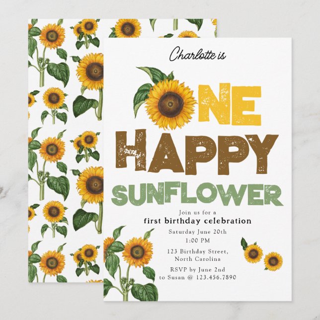 Invitación One Happy Sunflower Invite 1st Summer Birthday (Anverso / Reverso)