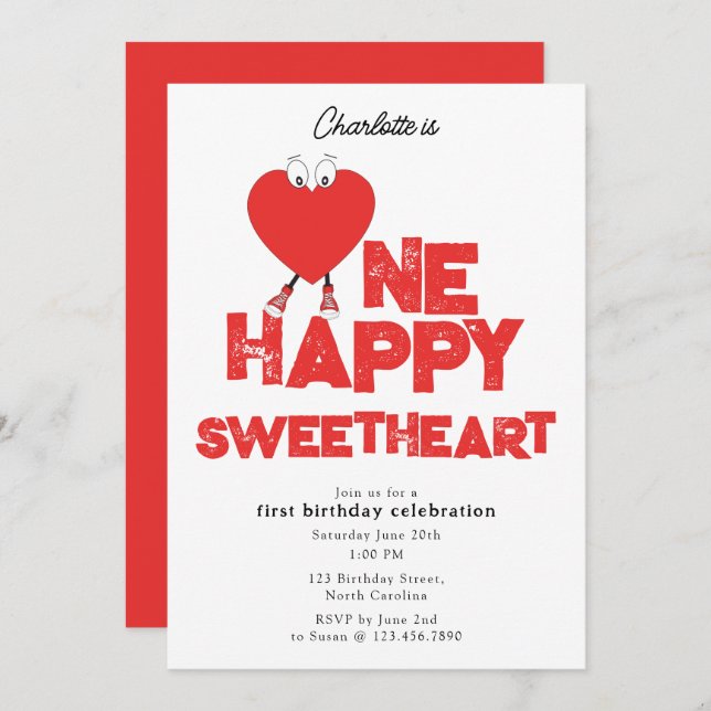 Invitación One Happy Sweetheart Invite 1st Girl Birthday (Anverso / Reverso)