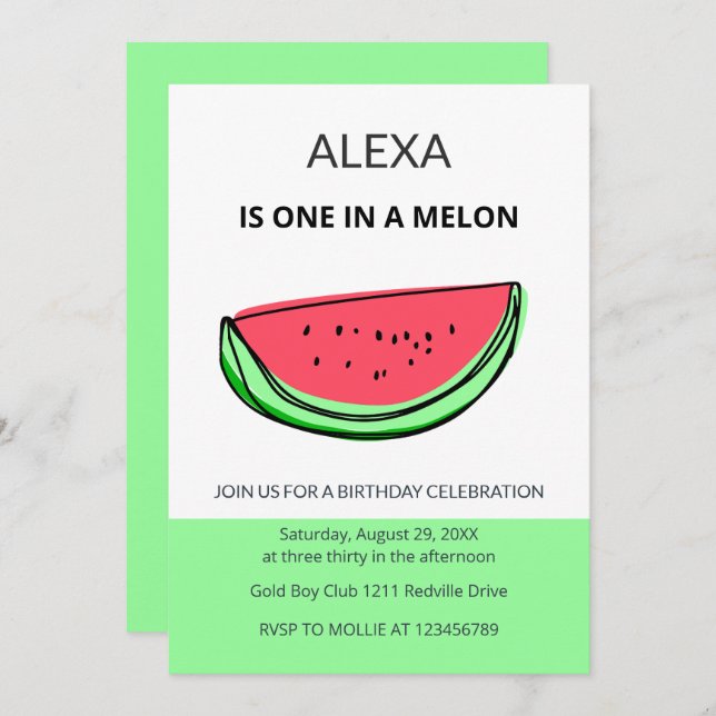 Invitación One in a Melon 1st Birthday Watermelon Birthday (Anverso / Reverso)
