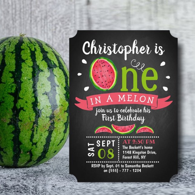 Invitación One In A Melon Chalkboard Primer cumpleaños (Subido por el creador)