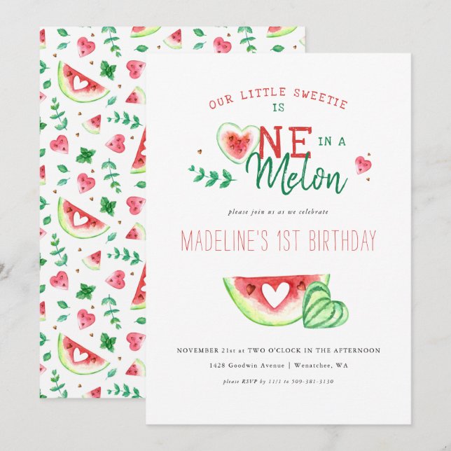 Invitación One In A Melon | Cumpleaños de sandía (Anverso / Reverso)