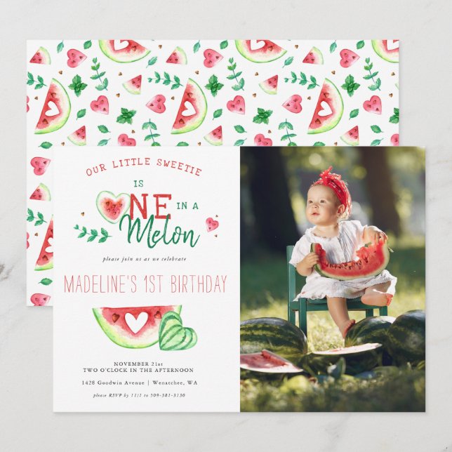 Invitación One In A Melon | Cumpleaños de sandía (Anverso / Reverso)