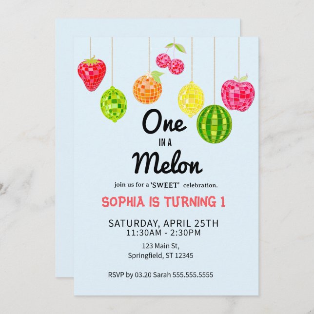 Invitación One in a Watermelon! 1st Birthday Party (Anverso / Reverso)