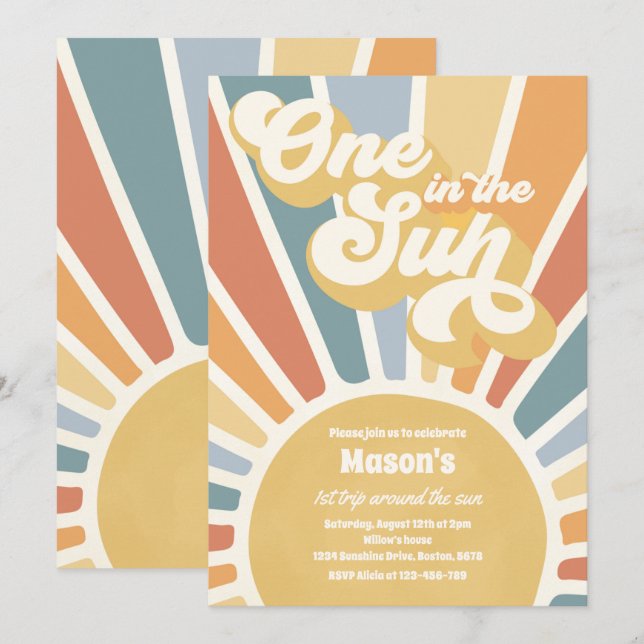 Invitación One In The Sun Retro Sunshine Primer Fiesta de cum (Anverso / Reverso)