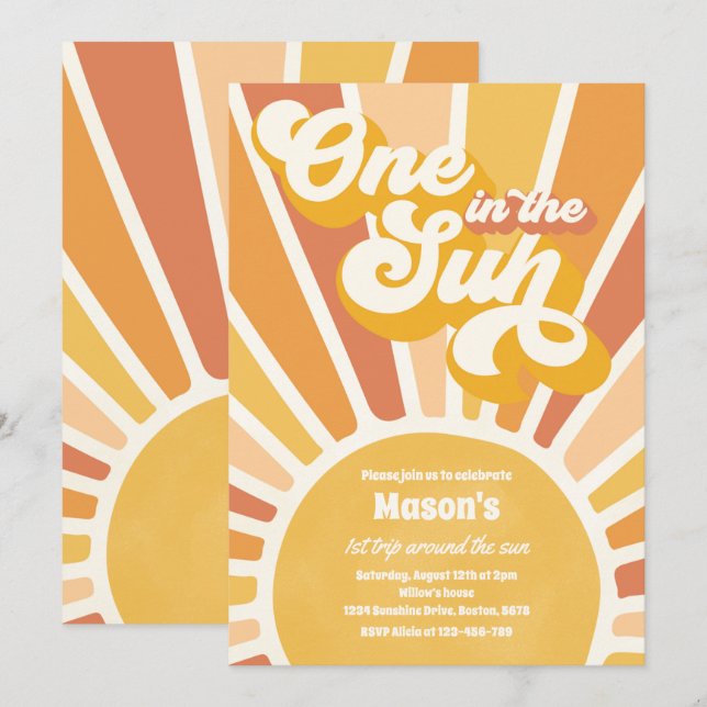 Invitación One In The Sun Retro Sunshine Primer Fiesta de cum (Anverso / Reverso)