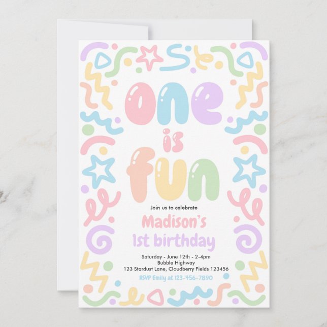 Invitación One Is Fun Colorful Confetti Balloon 1st Birthday (Anverso)