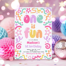 Invitación One Is Fun Colorful Confetti Balloon 1st Birthday