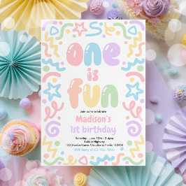 Invitación One Is Fun Colorful Confetti Balloon 1st Birthday