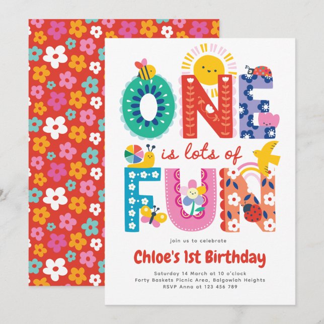 Invitación One is Fun Invitation, Girls First Birthday  (Anverso / Reverso)