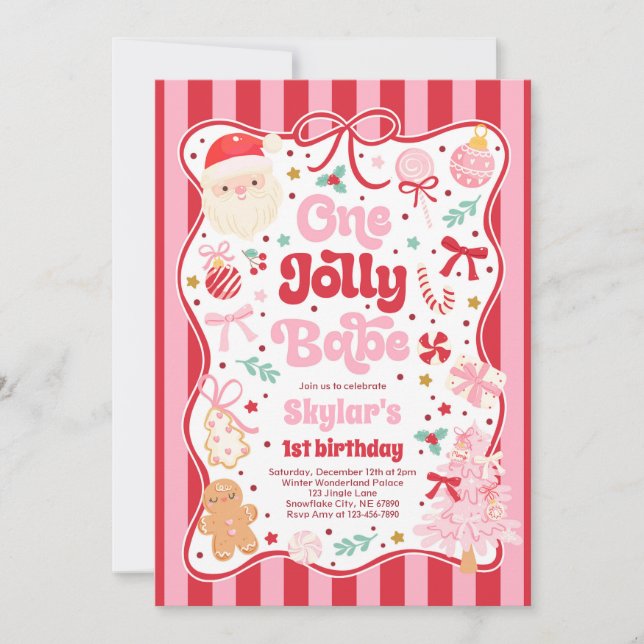 Invitación One Jolly Babe Christmas Coquette Bow 1st Birthday (Anverso)